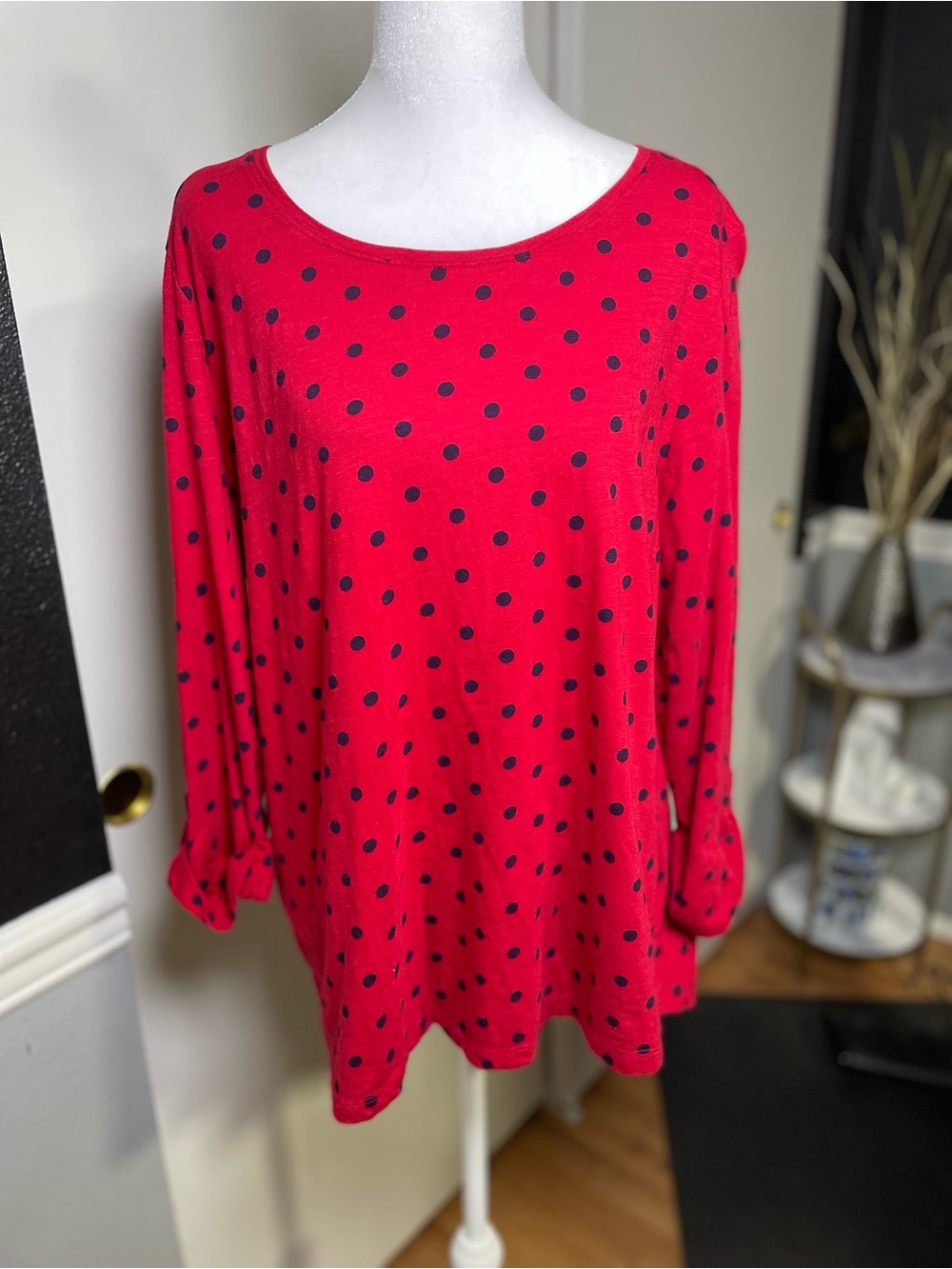 croft & barrow Red Long-Sleeve Top with Black Polka Dots